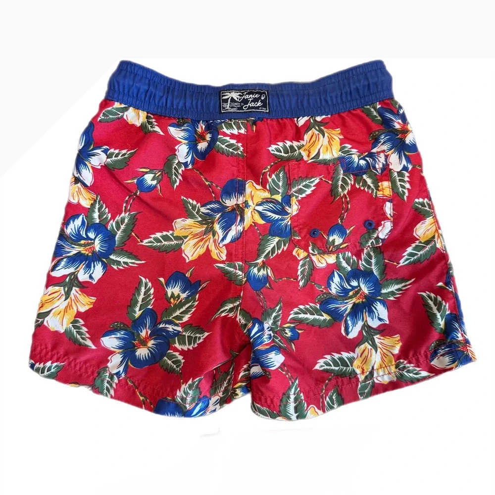 Janie and Jack Boys Size 6 Swim Trunks Red Blue Floral Hawaiian Board Shorts